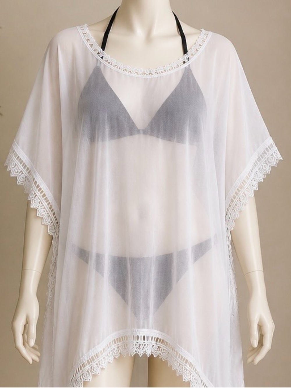 White Lace Trim Poncho Swimsuit Cover up